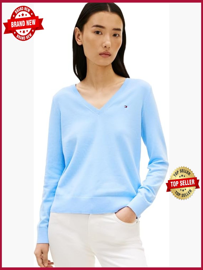 Women's V-Neck Cotton Sweater Pullover Long Sleeve Ribbed